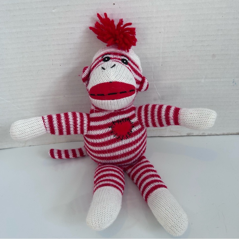 Vintage Red/white sock monkey plush 12” long